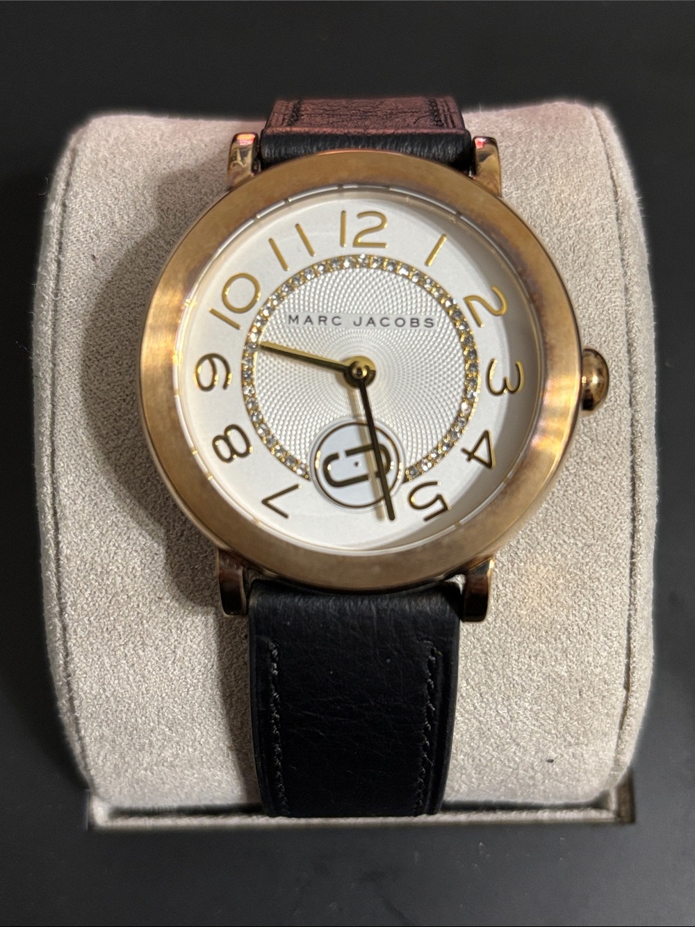Marc Jacobs Rose Gold-Tone Crystal Dial Watch with Black Leather Strap